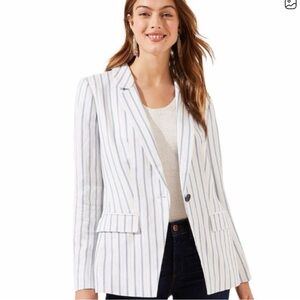 LOFT Linen Blend Striped Blazer Size 16 Blue White Coastal Grandmother Nautical